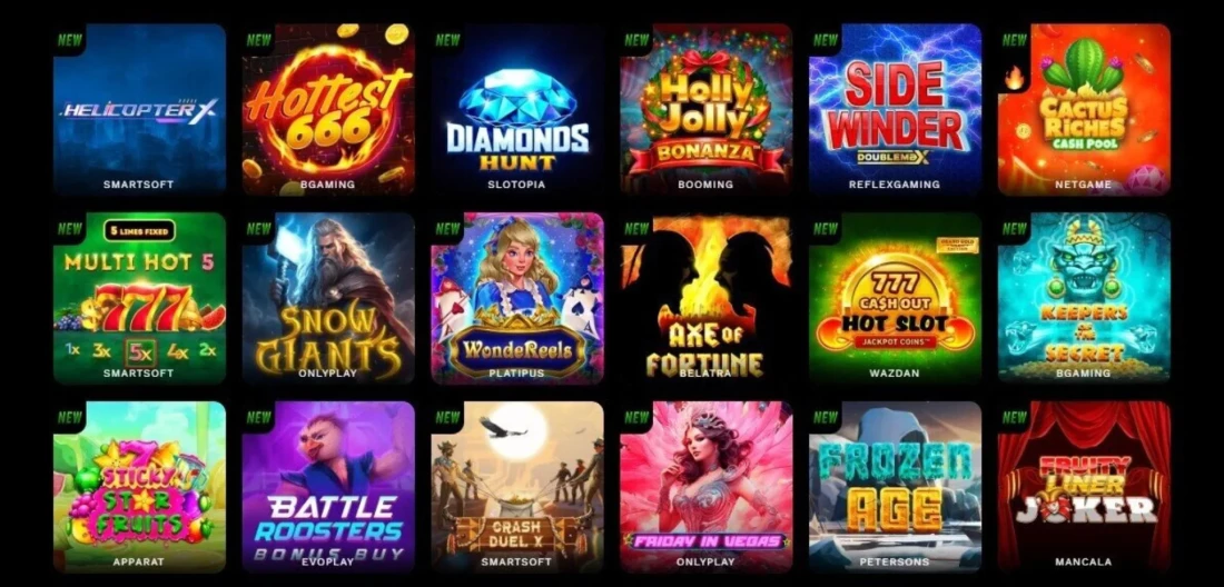 Imagine a vibrant grid of colorful game logos against a deep black background.