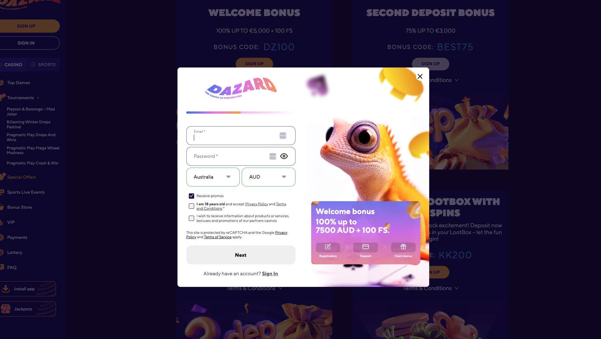 A view of Dazard’s registration form – Page one
